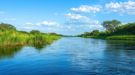 Calm river flowing through green grasslands with a blue sky and white clouds above.