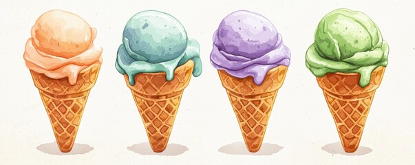 Four colorful ice cream cones with different flavors