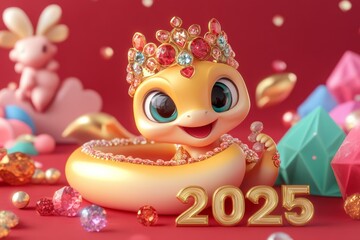 Naklejka premium Golden Snake figurine, 2025 numbers and festive new year decoration on red glittering background