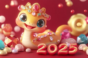 Golden Snake figurine, 2025 numbers and festive new year decoration on red glittering background