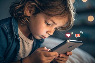 A young child intensely focused on a smartphone screen, with social media icons around, illustrating early technology use and social media engagement.
