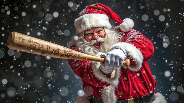 A man dressed as Santa Claus holding a baseball bat in his hand