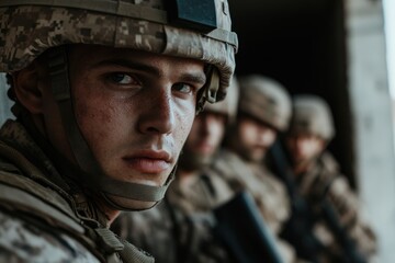 Fototapeta premium A soldier intensely focuses while standing in line with comrades, ready for action and demonstrating unity and readiness in a challenging mission or environment.