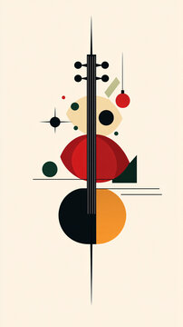 Minimalist violin illustration with abstract geometric shapes and vibrant colors on a beige background

