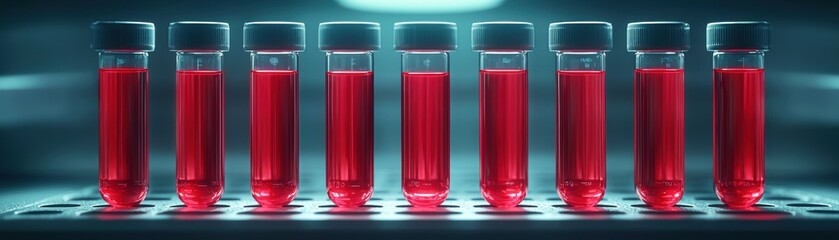 A row of laboratory test tubes filled with vibrant red liquid
