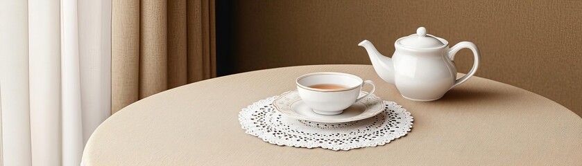 Fototapeta premium Vintage tea table in a cozy corner, classic elegance, fine china set, soft pastel tones, lace doily accents, natural window lighting, warm, inviting scene with a timeless feel