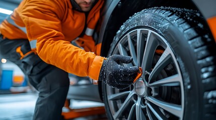 Mechanic inspects winter tire pressure for safety