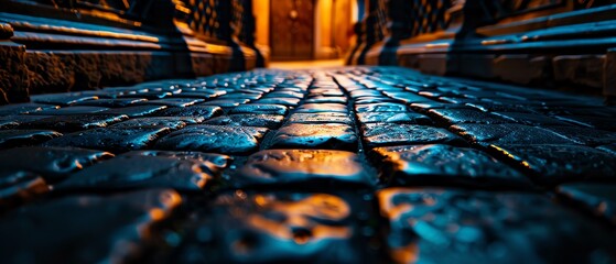 Aged iron door in a quaint alleyway, cobblestone ground and moody lighting, mysterious feel