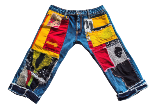 Artistic Patches On Harajuku Jeans Isolated On Transparent Background on transparent background