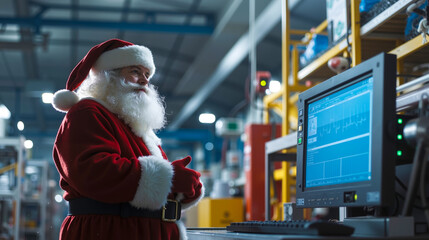 A man dressed as Santa Claus standing in front of a computer