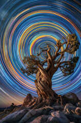 Stunning Starry Sky with Colorful Circular Star Trails and an Old Tree in the Foreground