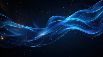 Abstract blue wave with glowing particles on dark background.