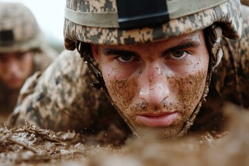 Obraz premium A soldier with a mud-covered face displays intense concentration as he participates in a muddy training drill, portraying strength and resilience under pressure.