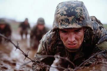 Obraz premium A determined soldier navigates through a challenging muddy obstacle course, showing resilience and teamwork in a military training exercise under barbed wire.