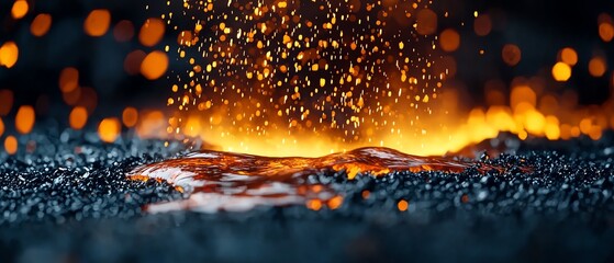 Close-up of molten iron pouring from a massive industrial smelter, sparks flying, intense heat radiating, vivid details