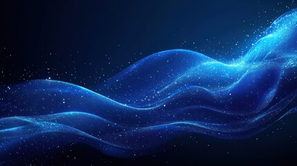 Abstract blue wave with glowing particles on a dark background.