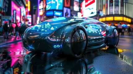 Futuristic self-driving car in metallic blue parked on an urban street reflecting city lights