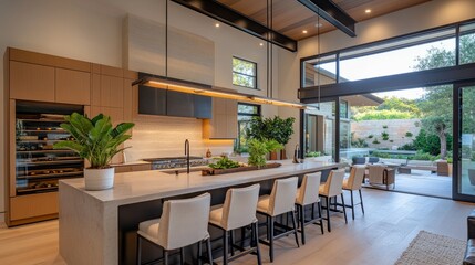 Elegant modern kitchen with warm tones, soft pendant lighting, and smooth stone countertops; indoor plants add a touch of freshness.