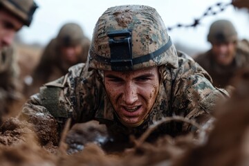 Fototapeta premium In a vivid display of military skill and teamwork, soldiers work together during a rigorous training exercise, emphasizing unity and determination in adverse conditions.