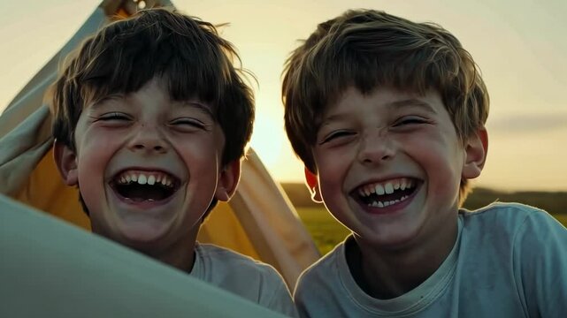 Two boys laughing in a tent, happy, smile, teeth, kids, children