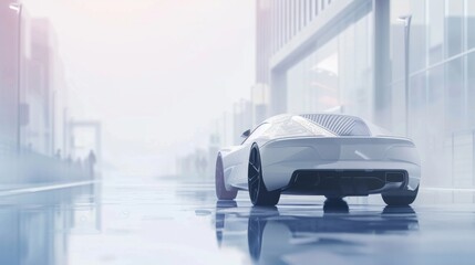 Sleek self-driving car in futuristic design parked on a clean white street background with empty space for text