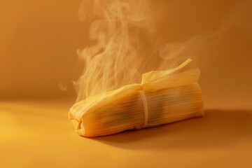 Steaming tamale wrapped in golden corn husk isolated on a gradient background with warm earthy tones