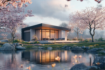 Obraz premium Modern Japanese Building in Spring Residential Area Architecture