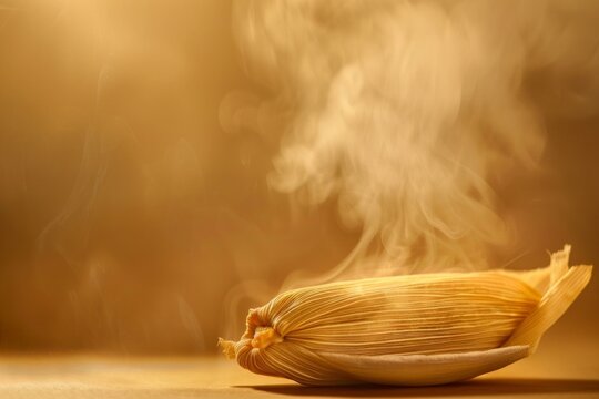 Steaming tamale wrapped in golden corn husk isolated on a gradient background with warm earthy tones
