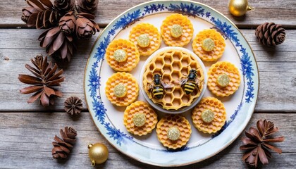 bake Christmas cookies with Christmas decoration. Beehives or wasp nests - traditional Czech no-bake Christmas cookies on a vinta