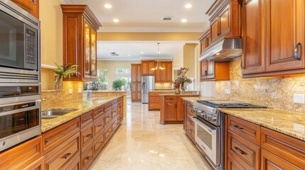 Fototapeta premium Modern kitchen with warm wood cabinetry, marble countertops, and sleek appliances; cozy ambient lighting fills the space, enhancing the inviting atmosphere.
