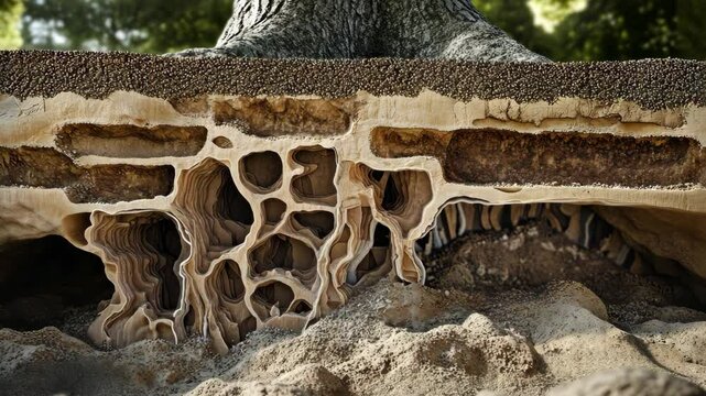 A cross-section of a tree trunk reveals the intricate network of tunnels created by termites