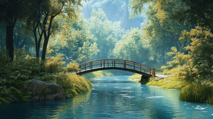A tranquil river with a wooden bridge, surrounded by greenery