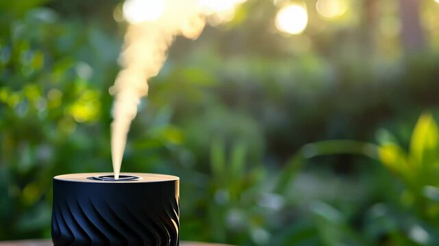 Enjoy the soothing aroma filling the air as an elegant diffuser releases steam amidst a tranquil garden during golden hour, natural light, tranquil atmosphere for relaxation and meditation, spa retrea