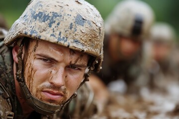 Fototapeta premium A close-up shot of a soldier in the mud, capturing a determined expression, reflects concentration and commitment during an intense military training scenario.