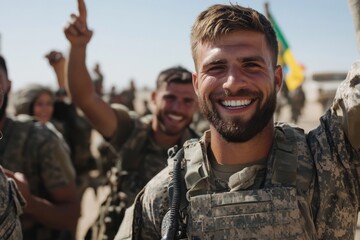 Fototapeta premium A group of soldiers in military uniforms are joyfully celebrating outdoors, with one soldier prominently smiling and raising his fist toward the camera.