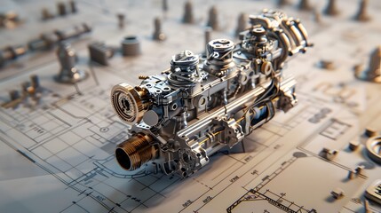 Obraz premium A drawing of a machine with a bolt on it. The bolt is surrounded by other bolts and screws