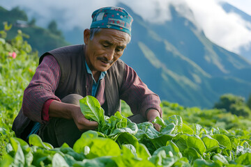 An elderly man, dressed in traditional clothing, harvests spinach in a mountainous region.