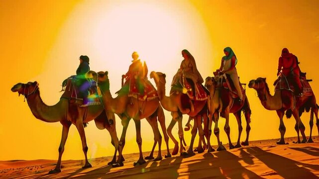 Tourists Riding Camels Under Bright Sun In Desert
