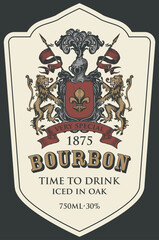 Hand-drawn banner or label for Bourbon with coat of arms on an old paper background. Vector heraldic coat of arms in vintage style with lions, spears, knights helmet and fleur de lis on a shield © paseven