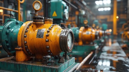 Obraz premium Industrial Pump Station with Pipes and Gauges in Daylight