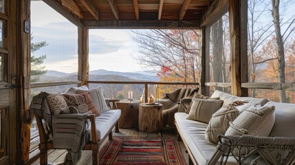Fototapeta premium Cozy Mountain Porch with Rustic Decor for Relaxing Outdoor Enjoyment