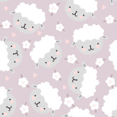 Cute hand drawn sheep on a purple pastel background with flowers and kawaii hearts seamless pattern for kids
