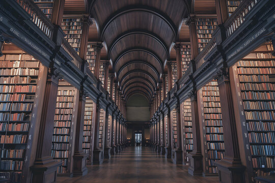 Grand library with towering shelves, serene atmosphere of vast knowledge