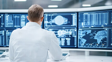 A man is sitting in front of a computer monitor with four screens