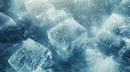 Fototapeta premium Frosted ice blocks with small cracks and air bubbles for an icy theme. Copy space