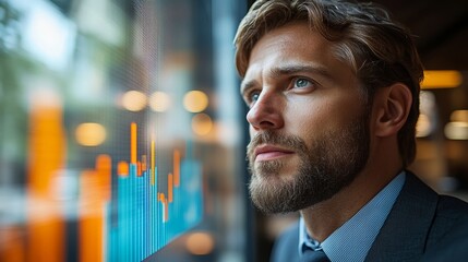Businessman analyzing financial charts displayed on transparent screen