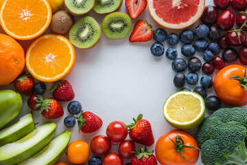 Vibrant fruits and vegetables arranged semi circle, symbolizing health vitality