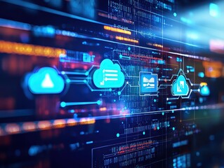 Abstract Double Exposure of Cloud Icons Overlaying Data