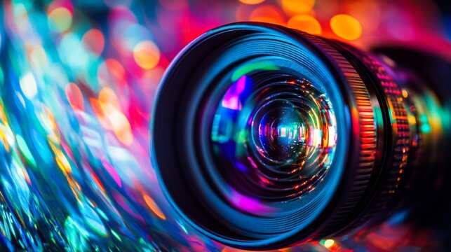 A close-up of a camera lens with colorful bokeh in the background.