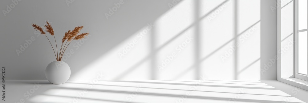 Aufkleber a serene indoor space features a sleek white wall and large windows that allow natural light to crea